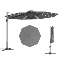 Outsunny 3(m) Cantilever Roma Parasol Patio Sun Umbrella with Crank & Tilt LED Solar Light Cross Base 360° Rotating Outdoor, Dark Grey(m-10)