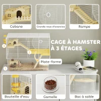 PawHut Cage à hamster à 3 niveaux, cage rongeur avec roue d'exercice, plateau profond transparent, 59 x 35,5 x 47 cm, blanc(m-4)