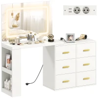 HOMCOM Tavolo da Trucco con specchio a LED regolabile, prese elettriche, 6 cassetti, 2 ripiani aperti, Bianco(m-7)