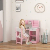ZONEKIZ Scrivania per bambini con sedia ergonomica con piano scorrevole, cassetto, nicchie e mensole aperte 90 x 45 x 90 cm rosa(m-2)