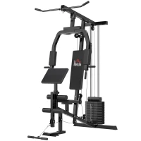 HOMCOM Kraftstation für Zuhause Fitnessstation mit Latzuggerät, Kabelzug, kurzer Bizepsstange, Brustpresse, Beintrainer, Butterfly-Maschine 45kg Gewichten Multifunktion Fitnessstation Schwarz(m-1)
