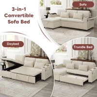3-in-1 Convertible Corduroy Sofa Bed with Storage and Charging Station, L-Shaped Sleeper Sofa with Armrest, 205L x 128W x 79H cm, Beige(m-4)