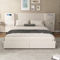 Upholstered Double Bed with Storage Drawers and Headboard Pockets, Bed Frame with Velvet and Plywood, 229L x 222.5W x 87.5H cm, Beige