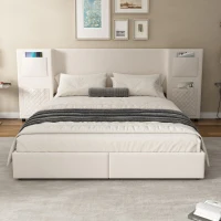 Upholstered Double Bed with Storage Drawers and Headboard Pockets, Bed Frame with Velvet and Plywood, 229L x 222.5W x 87.5H cm, Beige(m-1)