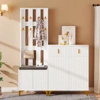Practical Wardrobe Set with Shoe Bench and Cushion, Wave Texture, Closet Set Perfect for Entryway, 60.5L x 35W x 180.5H cm, White(m-1)