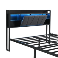 Metal Bed with LED Lights and Charging Ports, Bed Frame with Wheeled Drawers, Padded Storage, 209L x 137.5W x 100H cm, Black(m-11)
