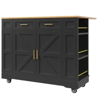 Elegant Kitchen Island Trolley with Wheels, Foldable Worktop, Black Kitchen Trolley with Double-Sided Storage, 120L x 40W x 90H cm, Black(m-2)
