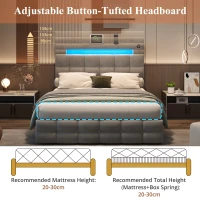 Double Upholstered Bed Frame with Hydraulic Storage, Velvet Bed with LED Lighting and Charging Station, 202.5L x 142W x 108H cm, Grey(m-4)