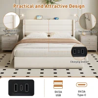 King Upholstered Bed with Hydraulic Storage, Adjustable LED Reading Light, Practical Headboard for Living Room, 208L x 158W x 113H cm, Beige(m-5)