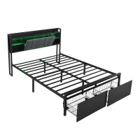 Metal Bed with LED Lights and Charging Ports, Bed Frame with Wheeled Drawers, Padded Storage, 209L x 137.5W x 100H cm, Black(m-12)