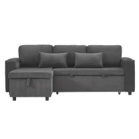 3-in-1 Convertible Corduroy Sofa Bed with Chaise and Charging Station, L-Shaped Sleeper Sofa with Armrest, 205L x 128W x 79H cm, Grey(m-2)