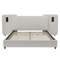 Upholstered Double Bed with Charging Port and Lighting, Headboard with Impact-Resistant Sponge Padding, 209L x 221W x 86.5H cm, Beige(m-2)