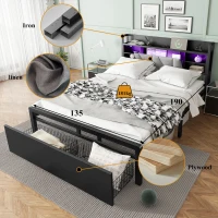 Metal Bed with LED Lights and Charging Ports, Bed Frame with Wheeled Drawers, Padded Storage, 209L x 137.5W x 100H cm, Black(m-4)