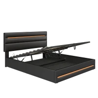 King Upholstered Bed Frame with Hydraulic Storage and LED Lighting, Bedside Equipped with Type-C and USB ports, 210L x 160W x 110H cm, Black(m-12)