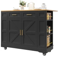 Elegant Kitchen Island Trolley with Wheels, Foldable Worktop, Black Kitchen Trolley with Double-Sided Storage, 120L x 40W x 90H cm, Black(m-10)