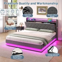 Double Upholstered Bed Frame with Hydraulic Storage, Charging Station, LED Headboard Ideal for Living Room, 203L x 141W x 113H cm, Grey(m-7)