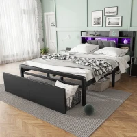 Metal Bed with LED Lights and Charging Ports, Bed Frame with Wheeled Drawers, Padded Storage, 209L x 137.5W x 100H cm, Black(m-1)