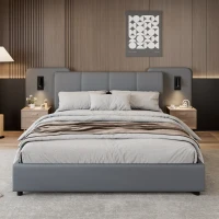 Upholstered Double Bed with Charging Port and Lighting, Full-Size Bed with Impact-Resistant Sponge Padding, 209L x 221W x 86.5H cm, Grey(m-6)