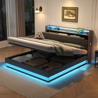 Double Upholstered Bed Frame with Hydraulic Storage, Charging Station, LED Headboard Ideal for Living Room, 203L x 141W x 113H cm, Grey(m-1)