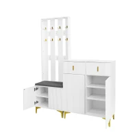 Practical Wardrobe Set with Shoe Bench and Cushion, Wave Texture, Closet Set Perfect for Entryway, 60.5L x 35W x 180.5H cm, White(m-13)