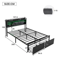 Metal Bed with LED Lights and Charging Ports, Bed Frame with Wheeled Drawers, Padded Storage, 209L x 137.5W x 100H cm, Black(m-3)