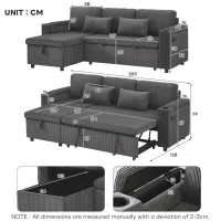 3-in-1 Convertible Corduroy Sofa Bed with Chaise and Charging Station, L-Shaped Sleeper Sofa with Armrest, 205L x 128W x 79H cm, Grey(m-3)