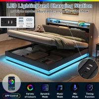 King Upholstered Bed Frame with Hydraulic Storage, Charging Station, LED Headboard Ideal for Living Room, 214L x 156W x 113H cm, Grey(m-5)