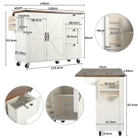 Elegant Kitchen Island with Extendable Worktop, Smooth Wheels, Ample Storage, Serving Cart for Modern Living, 140L x 45W x 92.5H cm, White(m-3)