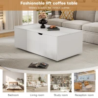 Lift Up Coffee Table with Hydraulic Mechanism, Wooden Tea Table with Drawer and Hidden Storage, 117L x 65W x 43H cm, White(m-5)