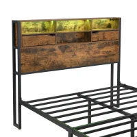 Metal Double Bed with LED Lights and Charging Ports, Practical Bed Base with Built-In Storage, 209L x 137.5W x 114.5H cm, Black+Natural(m-10)