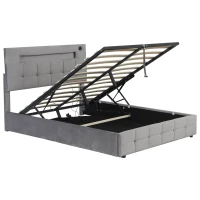 Double Upholstered Bed Frame with Hydraulic Storage, Velvet Bed with LED Lighting and Charging Station, 202.5L x 142W x 108H cm, Grey(m-11)