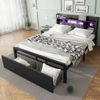 Metal Bed with LED Lights and Charging Ports, Bed Frame with Wheeled Drawers, Padded Storage, 209L x 137.5W x 100H cm, Black(m-7)