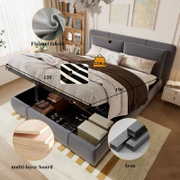 Upholstered Hydraulic Bed with Storage and Removable Headboard, Crafted Headboard with Velvet and Plywood, 210L x 159W x 90H cm, Grey(m-5)