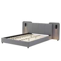Upholstered Double Bed with Charging Port and Lighting, Full-Size Bed with Impact-Resistant Sponge Padding, 209L x 221W x 86.5H cm, Grey(m-12)