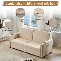 Versatile Sofa Bed with King-Size Independent Pull-Out and Fabric Design, Sleeper Sofa with Cup Holders and Pockets, 207L x 87W x 96H cm, Beige(m-6)