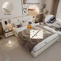 Upholstered Double Bed with Charging Port and Lighting, Headboard with Impact-Resistant Sponge Padding, 209L x 221W x 86.5H cm, Beige(m-4)