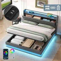 King Upholstered Bed Frame with Hydraulic Storage, Charging Station, LED Headboard Ideal for Living Room, 214L x 156W x 113H cm, Grey(m-4)
