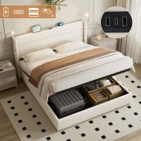 King Upholstered Bed with Hydraulic Storage, Adjustable LED Reading Light, Practical Headboard for Living Room, 208L x 158W x 113H cm, Beige(m-4)