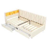 Single Daybed with Storage Drawers, LED Headboard and Charging Station, Linen Sofa Bed Ideal for Compact Rooms, 200L x 97W x 82H cm, Beige(m-2)