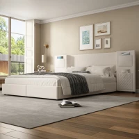 Upholstered Double Bed with Storage Drawers and Headboard Pockets, Bed Frame with Velvet and Plywood, 229L x 222.5W x 87.5H cm, Beige(m-7)