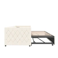 Upholstered Daybed with Charging Station, USB and Type-C Ports, Button-tufted Sofa Bed Perfect for Compact Room, 206L x 193W x 71H cm, Beige(m-10)