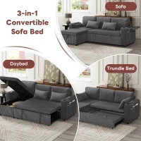 3-in-1 Convertible Corduroy Sofa Bed with Chaise and Charging Station, L-Shaped Sleeper Sofa with Armrest, 205L x 128W x 79H cm, Grey(m-4)