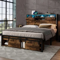 Metal Double Bed with LED Lights and Charging Ports, Practical Bed Base with Built-In Storage, 209L x 137.5W x 114.5H cm, Black+Natural(m-1)