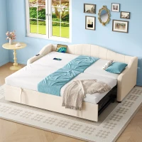 Velvet Upholstered Daybed with USB and Type-C Charging Ports, Convertible Sofa Bed with Pull-Out Trundle, 202L x 193W x 78H cm, Beige(m-9)