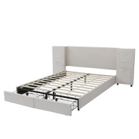 Upholstered Double Bed with Storage Drawers and Headboard Pockets, Bed Frame with Velvet and Plywood, 229L x 222.5W x 87.5H cm, Beige(m-13)