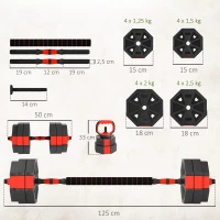 SPORTNOW Set de Pesas de Gimnasio 4 en 1 de 30kg, Convertible en Pesa Rusa, 2 Mancuernas, Barra y Soporte de Flexiones, Rojo(m-3)