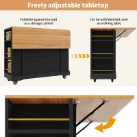 Elegant Kitchen Island Trolley with Wheels, Foldable Worktop, Black Kitchen Trolley with Double-Sided Storage, 120L x 40W x 90H cm, Black(m-5)