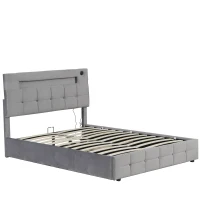 Double Upholstered Bed Frame with Hydraulic Storage, Velvet Bed with LED Lighting and Charging Station, 202.5L x 142W x 108H cm, Grey(m-10)