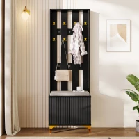 Elegant Wardrobe Set with Shoe Bench and Cushion, Adjustable Shelves, Closet Set Perfect for Entryway, 60.5L x 35W x 180.5H cm, Black(m-5)