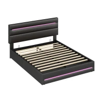 King Upholstered Bed Frame with Hydraulic Storage and LED Lighting, Bedside Equipped with Type-C and USB ports, 210L x 160W x 110H cm, Black(m-11)
